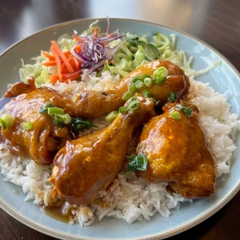 Two Roasted Chicken Legs on Steamed Rice at Bon Vietnamese Cuisine, Redstone, Calgary